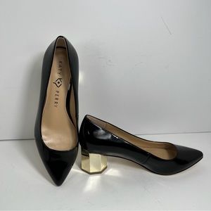 KATY PERRY The Lorenna Black Patent Gold Block Heel Pumps Size 6.5